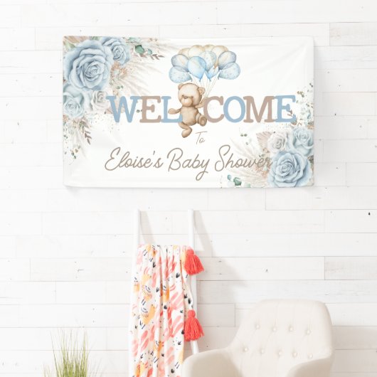 Boho Blue Floral Pampas Beer Baby shower Welkom Spandoek (Insitu)