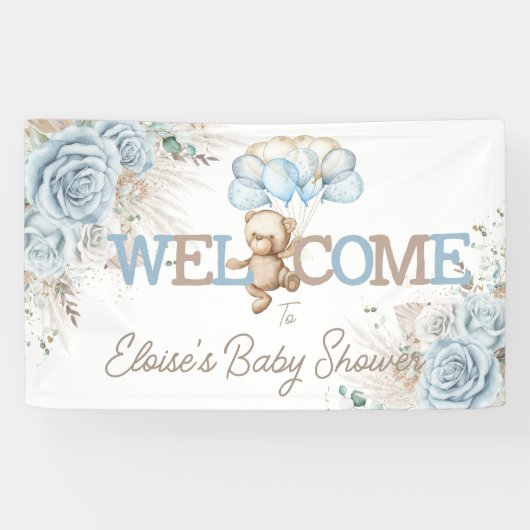 Boho Blue Floral Pampas Beer Baby shower Welkom Spandoek (Horizontaal)