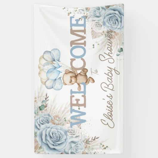 Boho Blue Floral Pampas Beer Baby shower Welkom Spandoek (Verticaal)