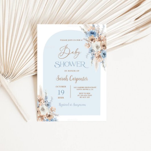Boho Blue Floral Pampas Grass Baby shower Boy Kaart