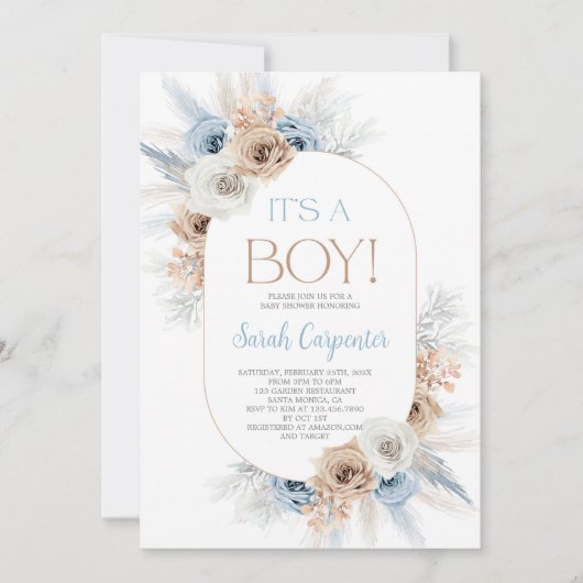 Boho Blue Floral Pampas Grass Baby shower Boy Kaart (Voorkant)
