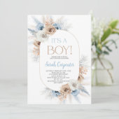 Boho Blue Floral Pampas Grass Baby shower Boy Kaart (Staand voorkant)