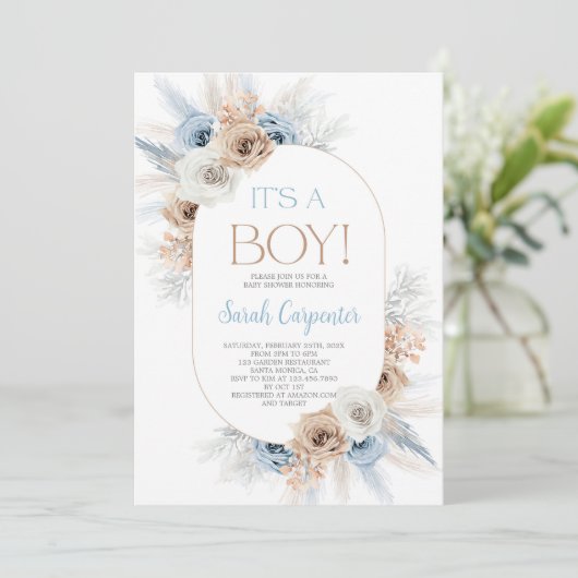 Boho Blue Floral Pampas Grass Baby shower Boy Kaart (Staand voorkant)