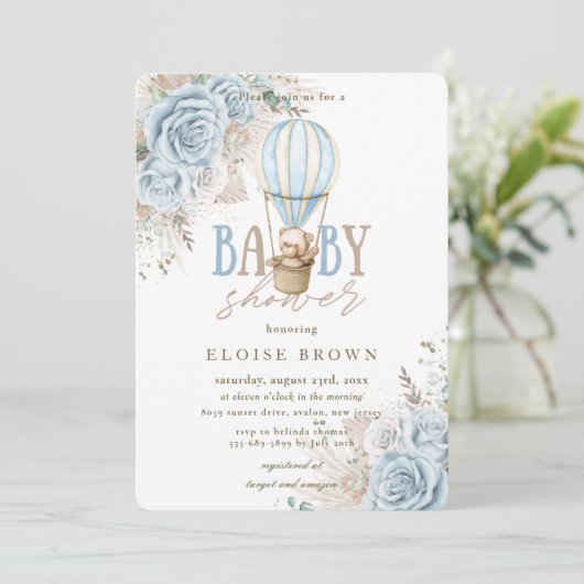 Boho Blue Floral Pampas Teddy Bear Baby shower Kaart (Staand voorkant)