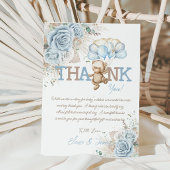 Boho Blue Floral Pampas Teddy Bear Boy Baby shower Bedankkaart