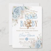 Boho Blue Floral Pampas Teddy Bear Boy Baby shower Kaart (Voorkant)