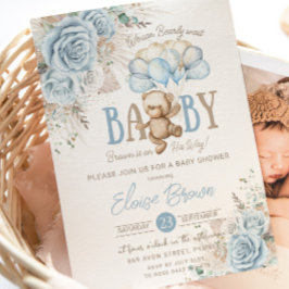 Boho Blue Floral Pampas Teddy Bear Boy Baby shower Kaart