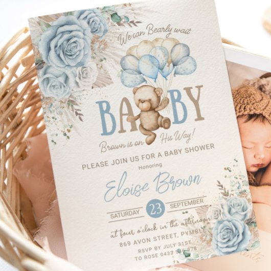 Boho Blue Floral Pampas Teddy Bear Boy Baby shower Kaart