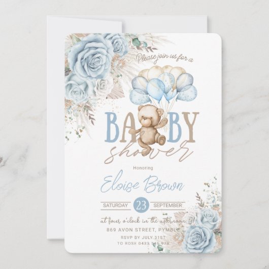 Boho Blue Floral Pampas Teddy Bear Boy Baby shower Kaart (Voorkant)