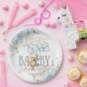 Boho Blue Floral Pampas Teddy Bear Boy Baby shower Papieren Bordje (Feest)