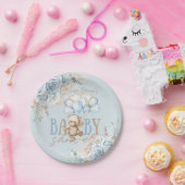 Boho Blue Floral Pampas Teddy Bear Boy Baby shower Papieren Bordje (Feest)