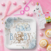 Boho Blue Floral Pampas Teddy Bear Boy Baby shower Papieren Bordje (Feest)