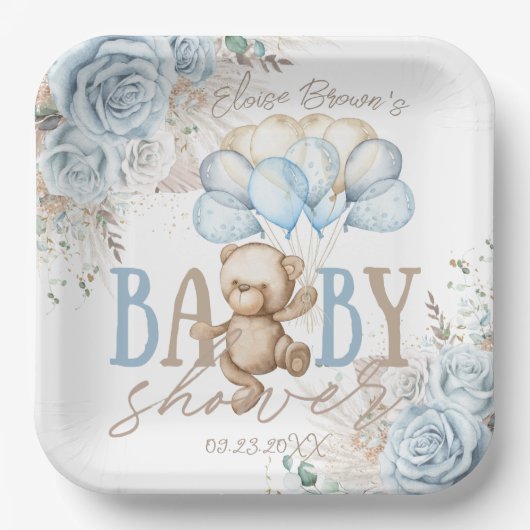 Boho Blue Floral Pampas Teddy Bear Boy Baby shower Papieren Bordje (Voorkant)