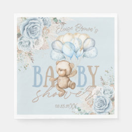 Boho Blue Floral Pampas Teddy Bear Boy Baby shower Servet