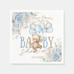 Boho Blue Floral Pampas Teddy Bear Boy Baby shower Servet
