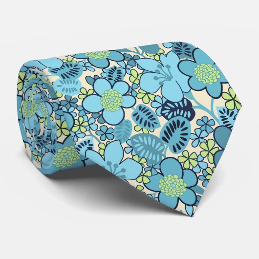 Boho Blue FLoral Retro Pattern Stropdas (Opgerold)