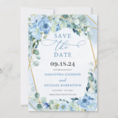 Boho Blue Floral Rozen en Gold Geometric Save The Date (Voorkant)