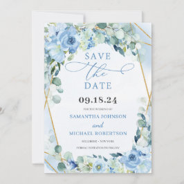 Boho Blue Floral Rozen en Gold Geometric Save The Date