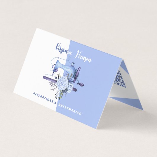 Boho Blue Floral Seamstress naaimachine gevouwen Visitekaartje (Voorkant)