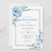 Boho blue floral Silver lijst rustige quinceanera Kaart (Voorkant)