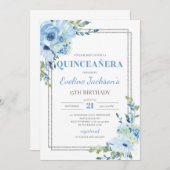 Boho blue floral Silver lijst rustige quinceanera Kaart (Voorkant / Achterkant)