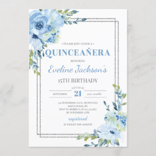 Boho blue floral Silver lijst rustige quinceanera Kaart