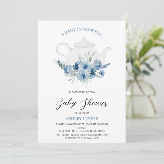 Boho Blue Floral Tea Baby brouwt Baby shower Kaart (Staand voorkant)