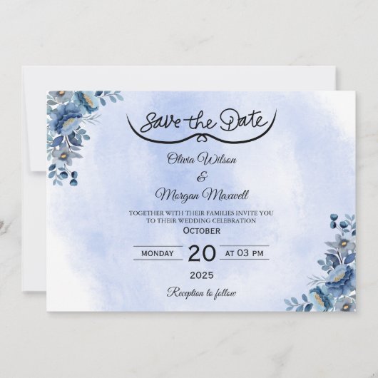 Boho Blue Floral Wedding Bewaar de datum Kaart (Voorkant)