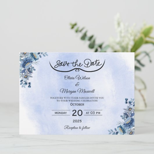 Boho Blue Floral Wedding Bewaar de datum Kaart (Staand voorkant)