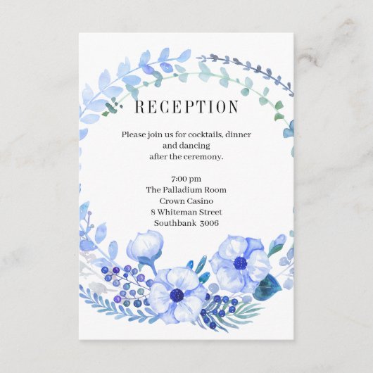 Boho Blue Floral Wedding Reception Kaart (Voorkant)