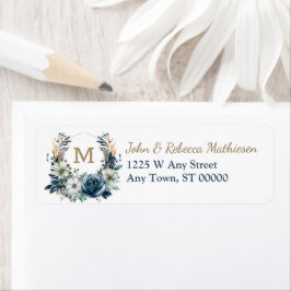 Boho Blue Floral Wreath Monogram Retouradres Etiket