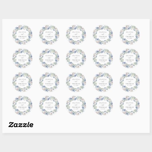 Boho Blue Floral Wreath Wedding Ronde Sticker (Vel)