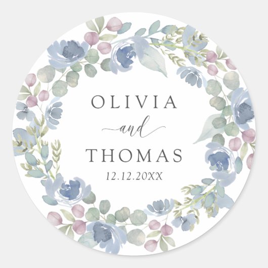 Boho Blue Floral Wreath Wedding Ronde Sticker (Voorkant)