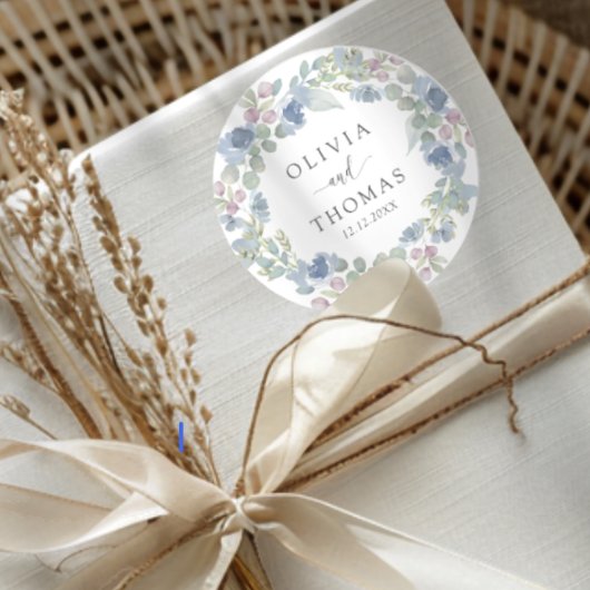 Boho Blue Floral Wreath Wedding Ronde Sticker