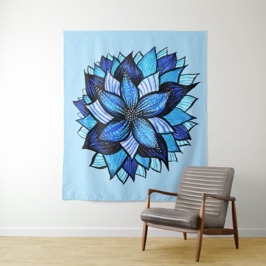 Boho Blue Flower Mandala Artsy Wandkleed (In situ)