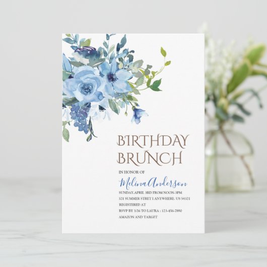 Boho Blue Flower waterverf verjaardagsbrunch Kaart (Staand voorkant)