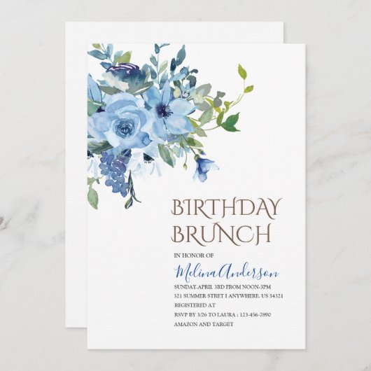 Boho Blue Flower waterverf verjaardagsbrunch Kaart (Voorkant / Achterkant)