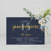 Boho Blue Flowers Dried Leaves Quinceanera Folie Uitnodiging (Staand Voorkant)