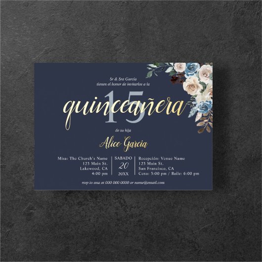 Boho Blue Flowers Dried Leaves Quinceanera Folie Uitnodiging