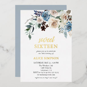 Boho Blue Flowers Dried Leaves Sweet 16 Folie Invi Uitnodiging