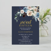 Boho Blue Flowers Dried Leaves Sweet 16 Folie Uitnodiging (Staand Voorkant)