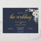 Boho Blue Flowers Dried Leaves Wedding Folie Invit Folie Uitnodiging (Voorkant)