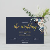 Boho Blue Flowers Dried Leaves Wedding Folie Invit Folie Uitnodiging (Staand Voorkant)