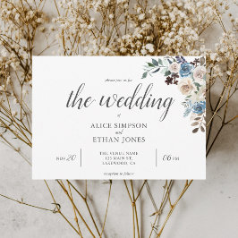 Boho Blue Flowers Dried Leaves Wedding Invitation Kaart