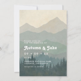 Boho Blue Forest Mountains Retro Wedding  Kaart