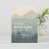 Boho Blue Forest Mountains Retro Wedding  Kaart (Staand voorkant)