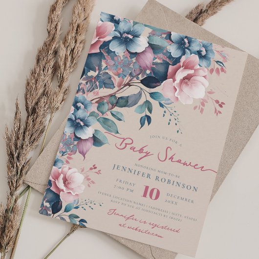 Boho Blue Garden Floral Baby shower Champagne Kaart