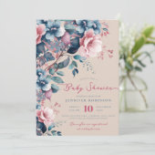 Boho Blue Garden Floral Baby shower Champagne Kaart (Staand voorkant)
