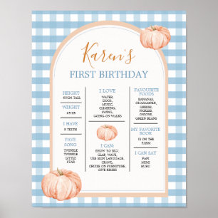 Boho Blue Gingham 1st Year Fact Sign Verjaardag Poster
