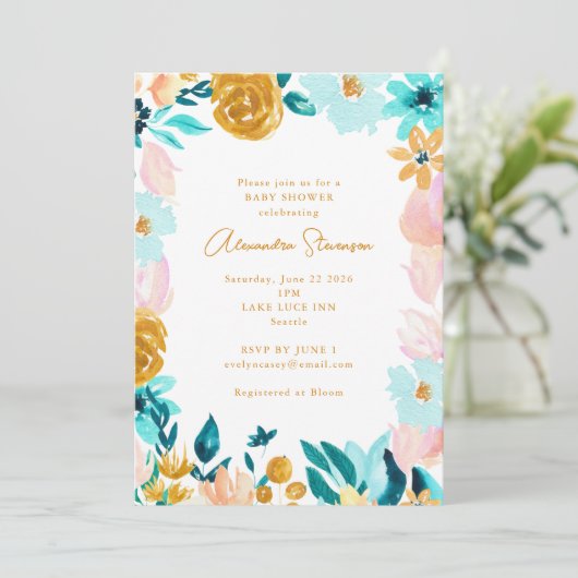 Boho Blue Gold Floral Lijst Border Baby shower Kaart (Staand voorkant)